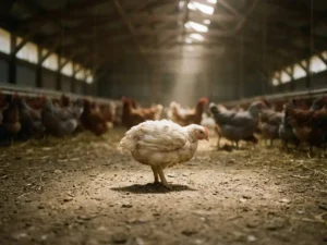 Vleeskuiken alleen op kale aarden vloer in schaars verlichte pluimveestal, veren gepiekt en houding gebogen, rijen kippen op achtergrond.