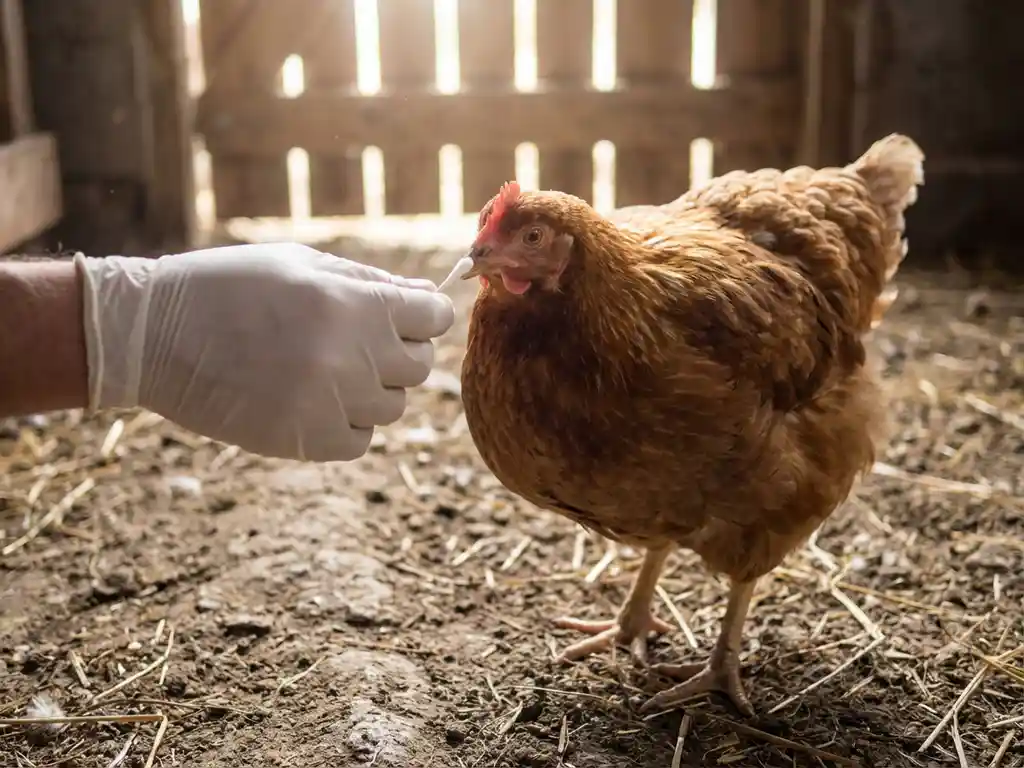 Dierenarts neemt swabmonster bij vleeskuiken op strooiselvloer in pluimveestal tijdens veterinaire inspectie.