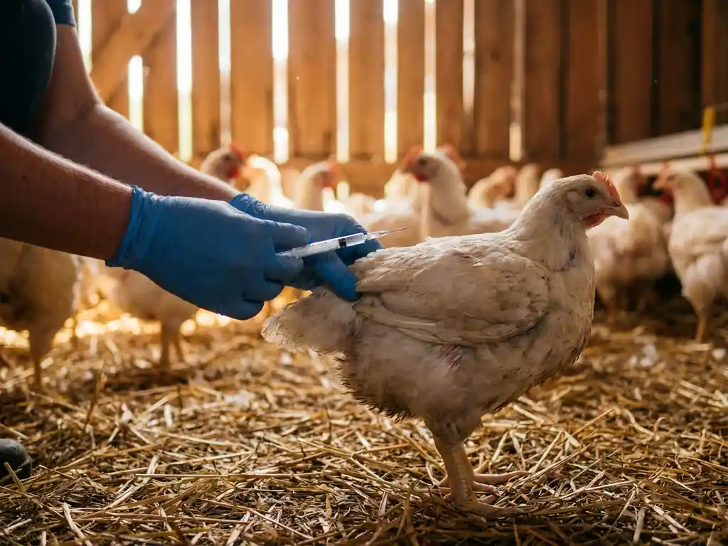Dierenarts met handschoen houdt spuit bij een vleeskuiken op stro in een warme, natuurlijk verlichte stal.