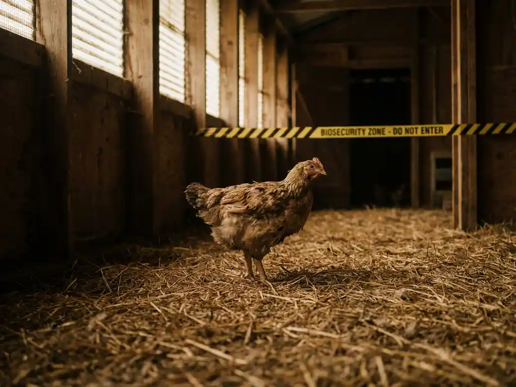 Vleeskuiken op strooisel in schemering pluimveestal met biosecurity-waarschuwingstape bij de ingang op de achtergrond.