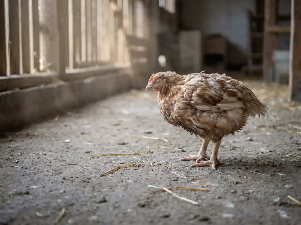 Lethargische vleeskuiken met gekrulde veren op kale stalvloer, zwak daglicht door ventilatiesleuven, oog-niveau perspectief.