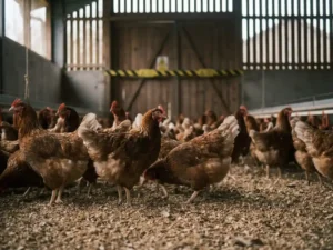 Vleeskuikens op droog houtkrullenstrooisel in een schaars verlichte pluimveestal met biosecuritywaarschuwingstape op de achtergrond.