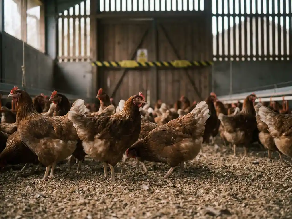 Vleeskuikens op droog houtkrullenstrooisel in een schaars verlichte pluimveestal met biosecuritywaarschuwingstape op de achtergrond.