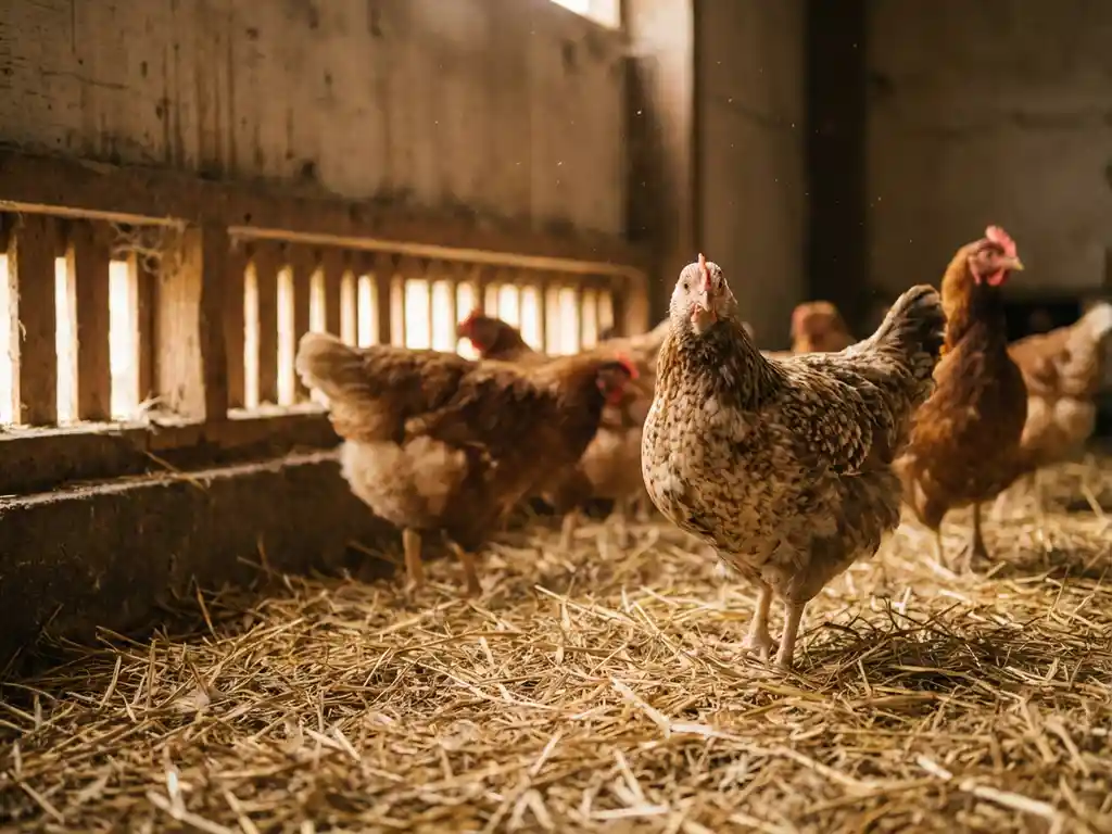 Vleeskuikens op stro in een stal met gedempte daglichtinval door ventilatieopeningen, scherpe focus op één alerter vogel op de voorgrond.