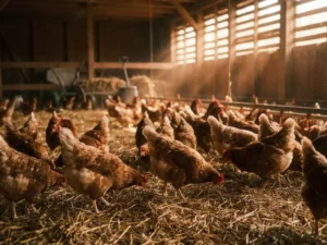 Vleeskuikens lopen vrij rond op stro in een verlichte stal met warme amberkleurige verlichting en gouden stofdeeltjes in de lucht.