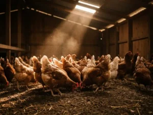 Vrije-uitloopvleeskuikens dicht opeen op kale aarden vloer in schemerlijke pluimveestal, stofdeeltjes zichtbaar in lichtstraal.