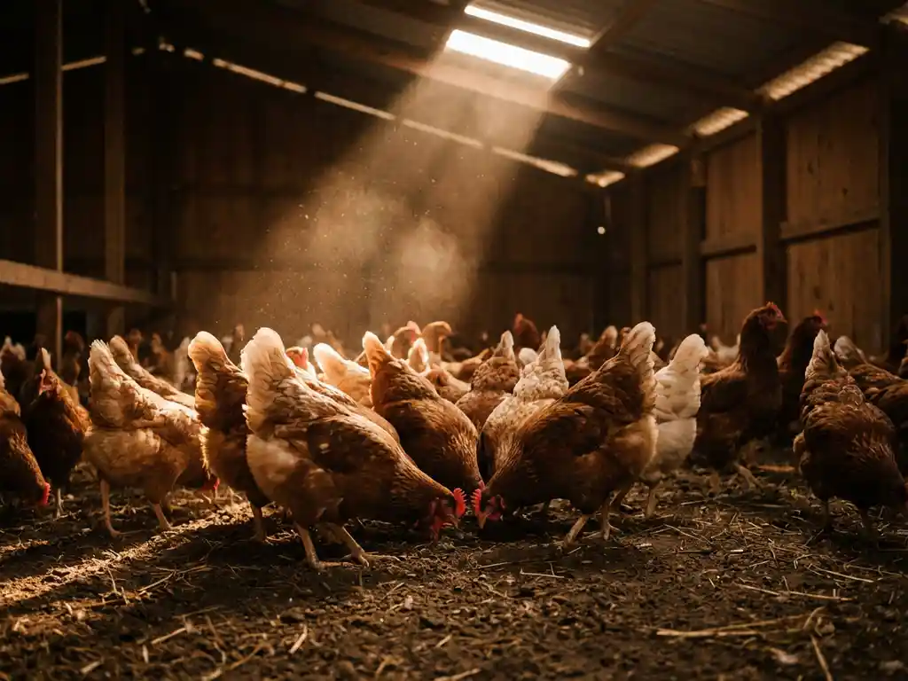 Vrije-uitloopvleeskuikens dicht opeen op kale aarden vloer in schemerlijke pluimveestal, stofdeeltjes zichtbaar in lichtstraal.