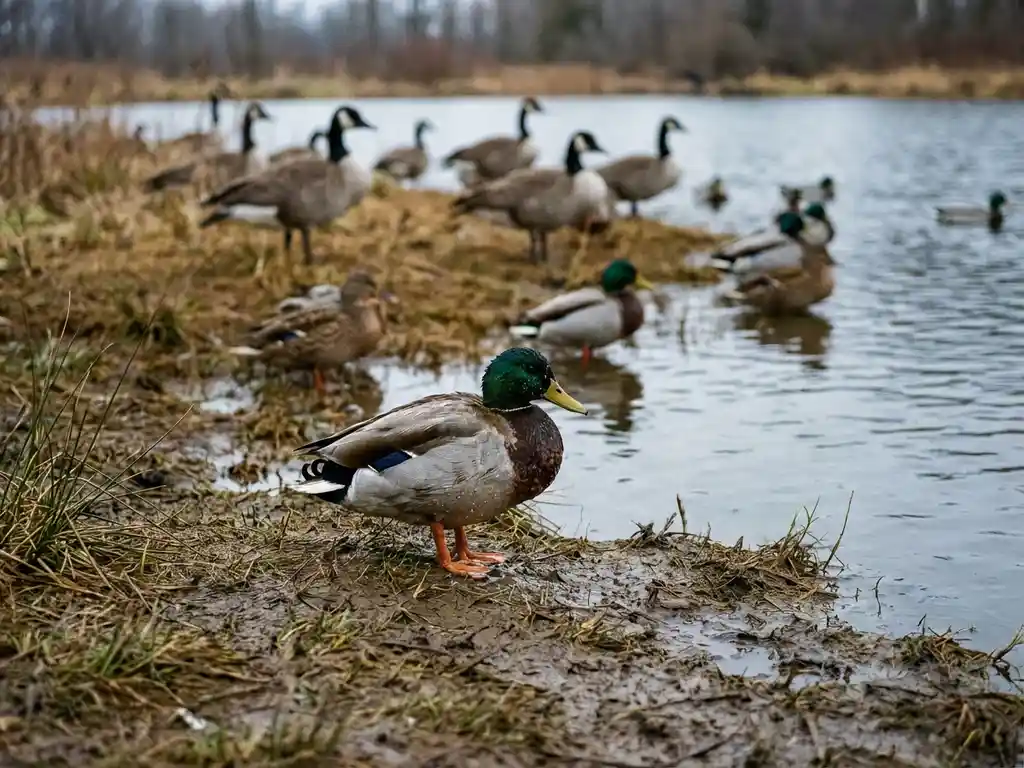 Wilde eend scherp in beeld aan de modderige oever van een vijver, met ganzen en eenden op de achtergrond in zacht bewolkt licht.