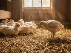 Groep vleeskuikens op stro in een stal, één kip apart met gekrulde veren en hangende houding, teken van ziekte.