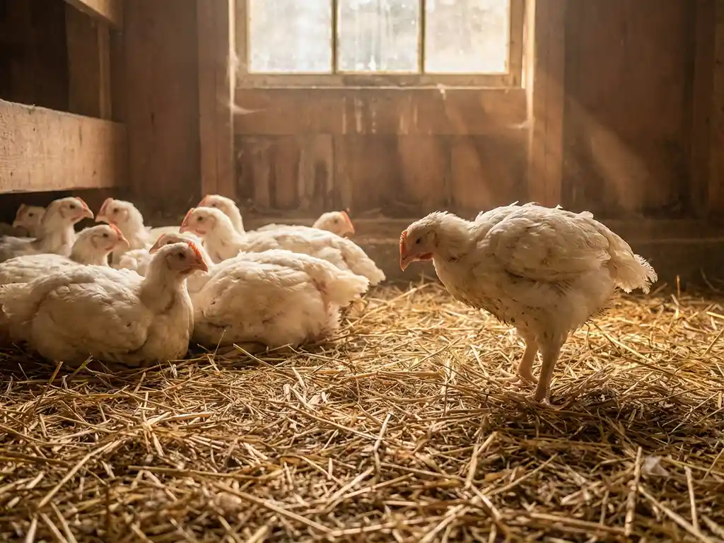 Groep vleeskuikens op stro in een stal, één kip apart met gekrulde veren en hangende houding, teken van ziekte.