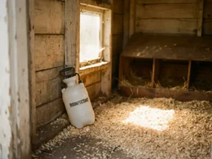Schone houten kippenhok met zaagsel op de vloer, witte desinfectiespuit tegen de wand en lege legnesten op de achtergrond.