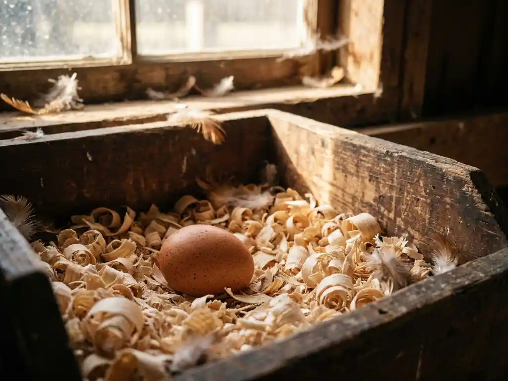 Bruin kippenei op houtsnippers in een houten legnest, met losse veren en zacht natuurlijk daglicht.