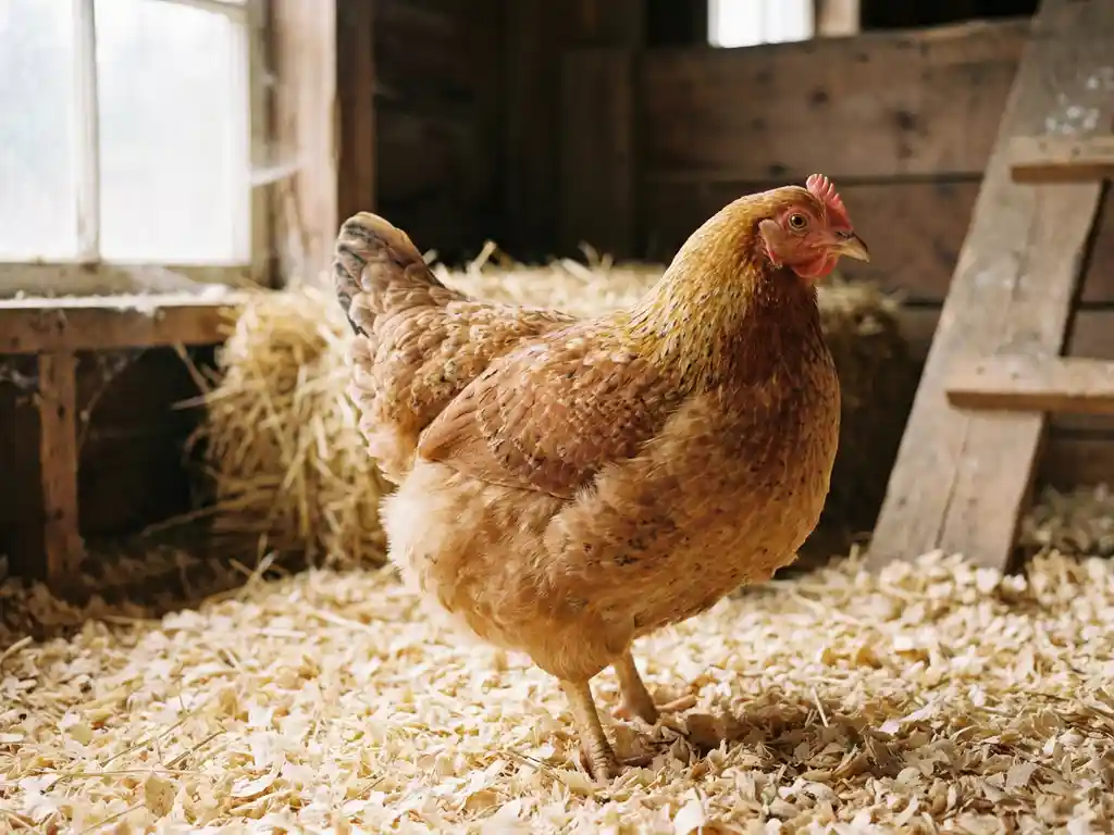 Gezonde vleeskuiken op verse houtsnippers in een rustieke stal, warm natuurlijk daglicht, close-up met onscherpe achtergrond.