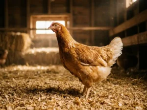 Vleeskuiken staand op vers houtsnippers in een schemering pluimveestal, warm amberkleurig licht door een laag raam.