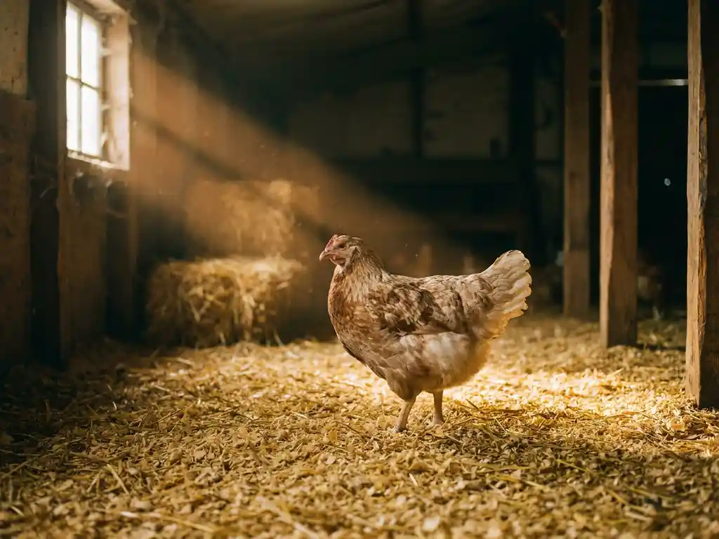 Vleeskuiken staand op gouden houtkrullen in een schemering verlichte pluimveestal, met een warme lichtstraal door een zijraam.