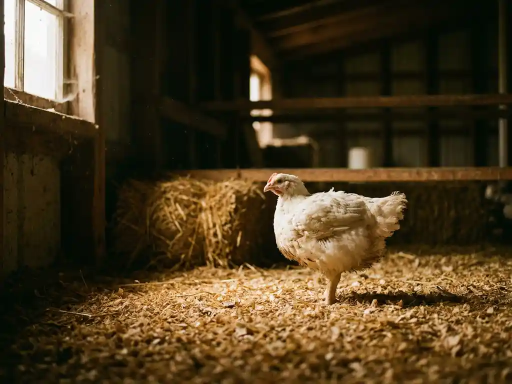 Vleeskuiken staand op verse houtkrullen in een schemering pluimveestal, zacht natuurlijk licht vanuit een zijraam.