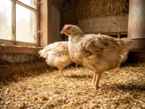 Twee vleeskuikens op een bed van verse houtkrullen in een pluimveestal, met zacht natuurlijk daglicht en scherpe veertextuur op de voorgrond.