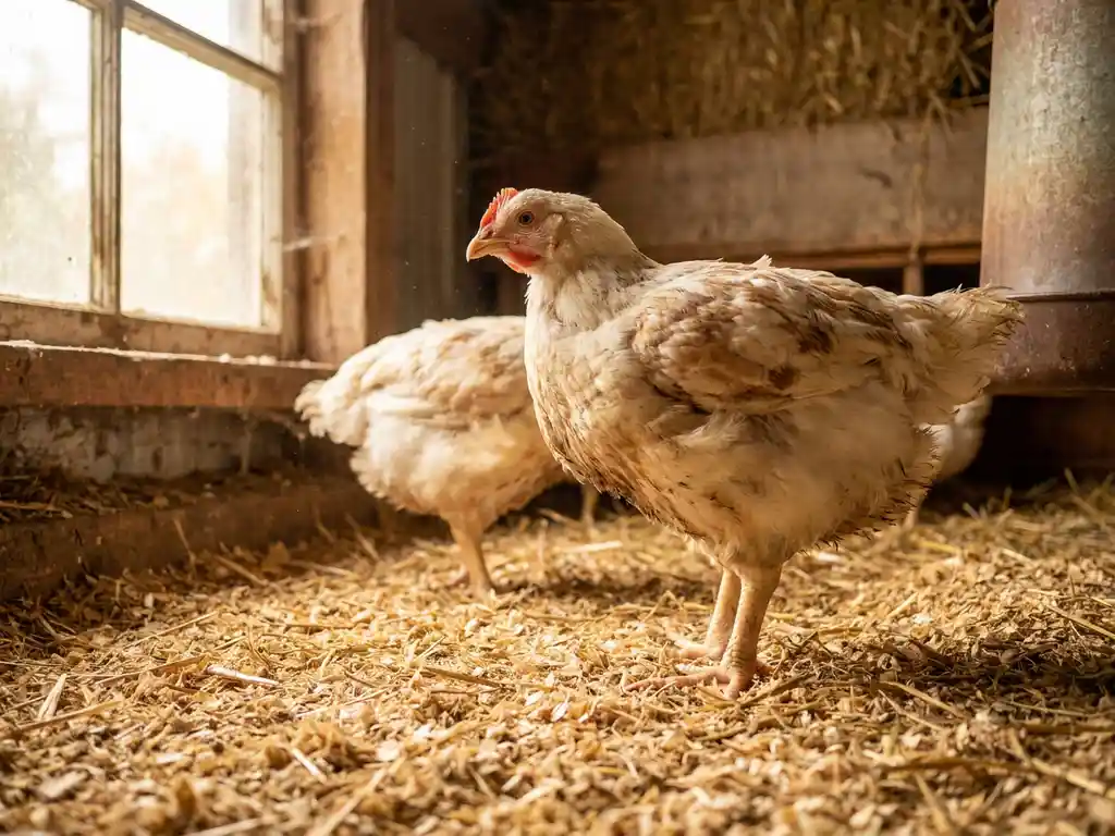 Twee vleeskuikens op een bed van verse houtkrullen in een pluimveestal, met zacht natuurlijk daglicht en scherpe veertextuur op de voorgrond.
