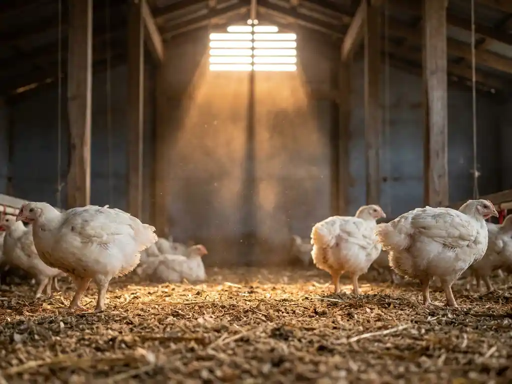 Vleeskuikens op vers houtsnippers in een schaars verlichte pluimveestal, met warm amberkleurig licht door een ventilatieopening.