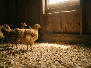 Vleeskuikens op een dik strooiselbed van houtsnippers in een pluimveestal, met warm amberkleurig daglicht door een ventilatieopening.