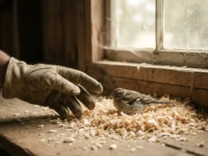 Gewonde wilde vogel op houtkrullen in een schuur, voorzichtig benaderd door een gehandschoende hand in zacht natuurlijk licht.