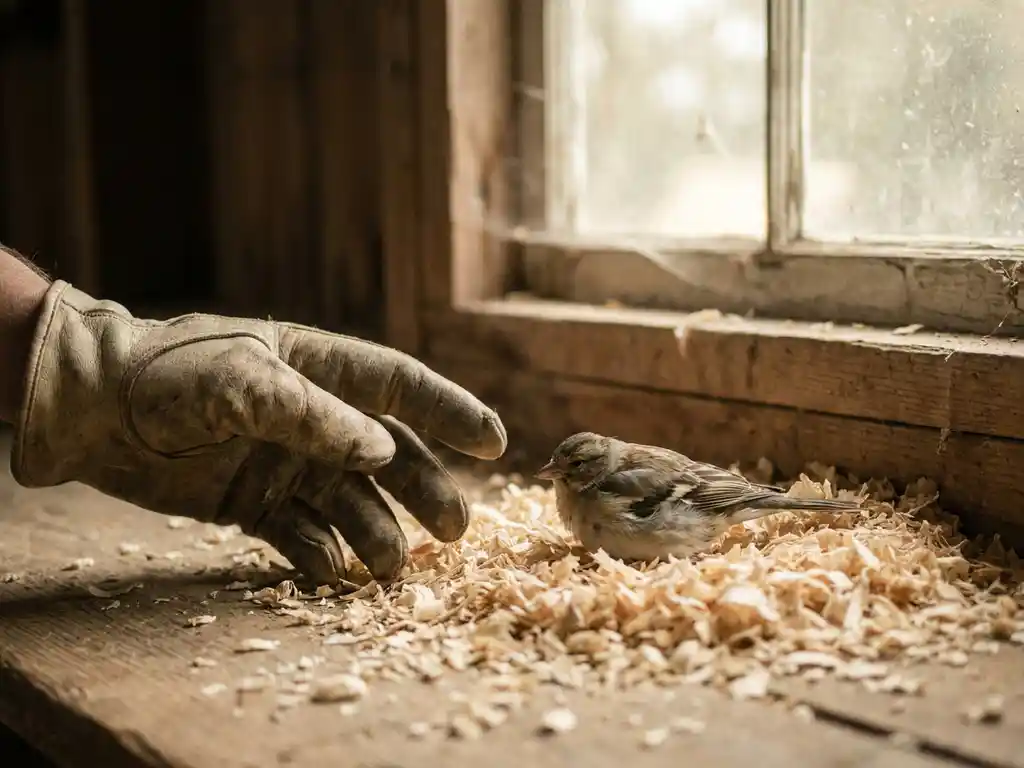 Gewonde wilde vogel op houtkrullen in een schuur, voorzichtig benaderd door een gehandschoende hand in zacht natuurlijk licht.